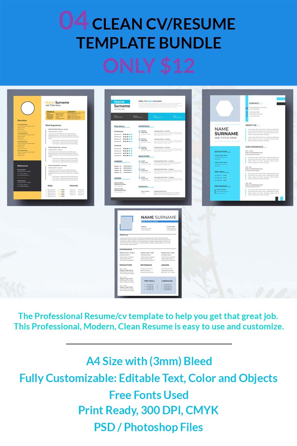 04 CLEAN CV/RESUME TEMPLATE BUNDLE ONLY $12 pinterest preview image.