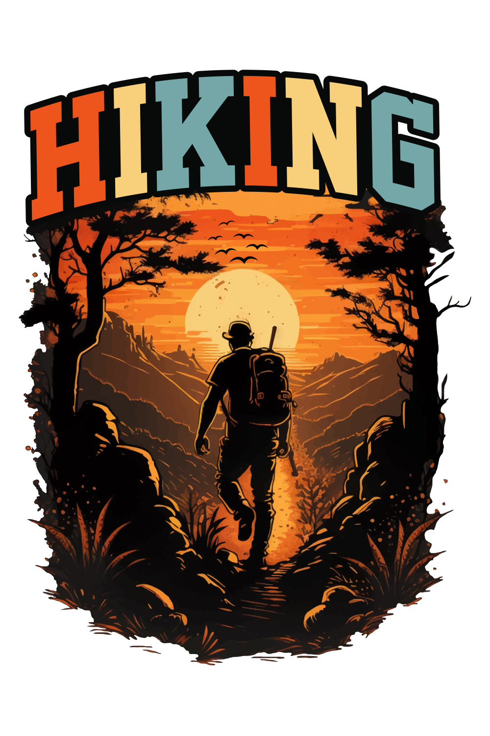 Hiking T-shirt Design, Best Hiking t shirt, Hiking mountain forest retro vintage t shirt design, Adventure, travel, hiking pinterest preview image.