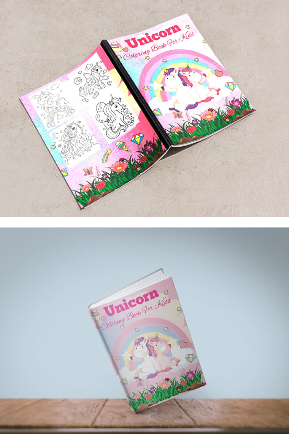 Unicorn coloring book cover design pinterest preview image.