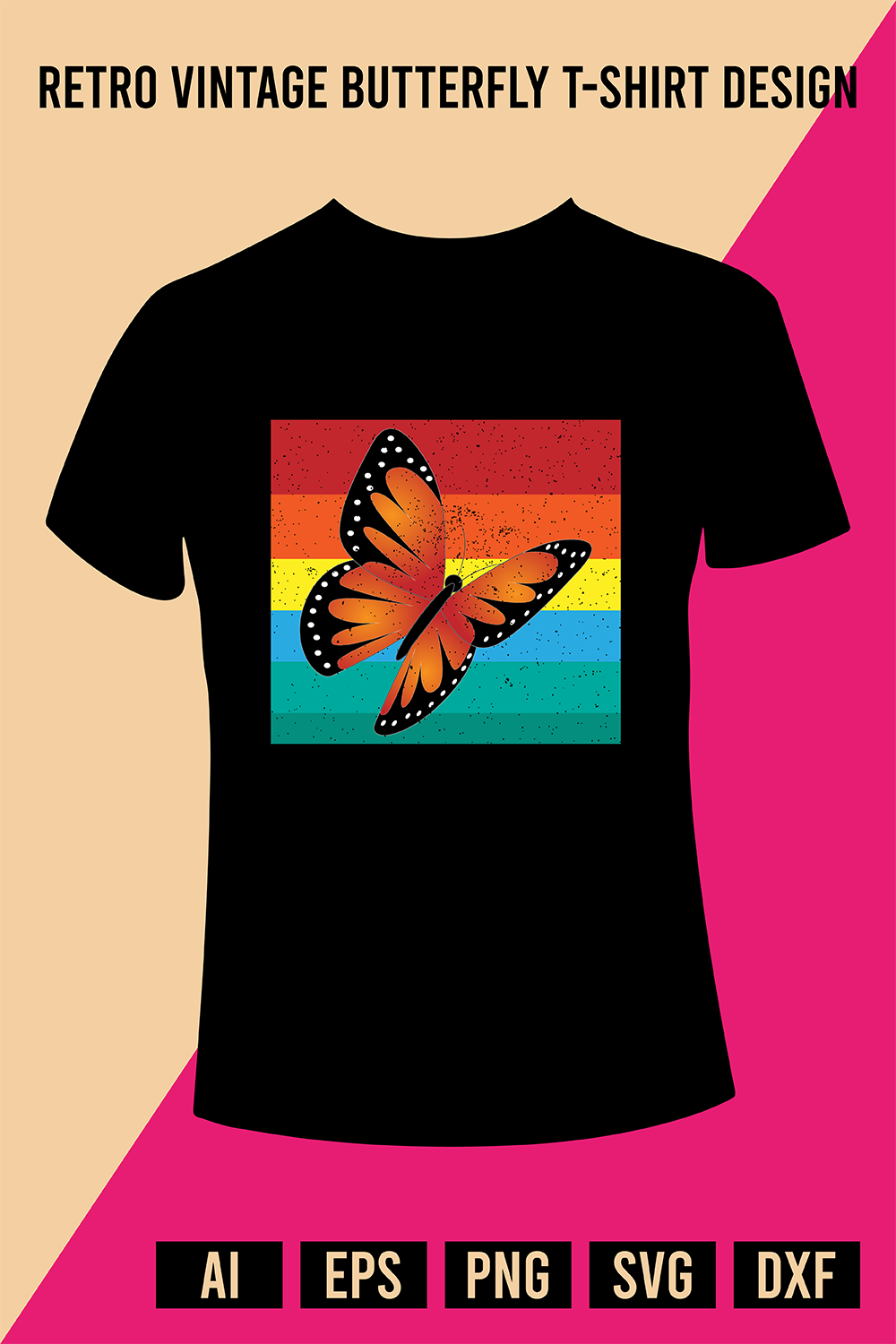 Retro Vintage Butterfly T-Shirt Design pinterest preview image.