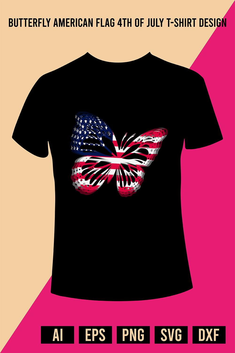 Butterfly American Flag 4th Of July T-Shirt Design pinterest preview image.