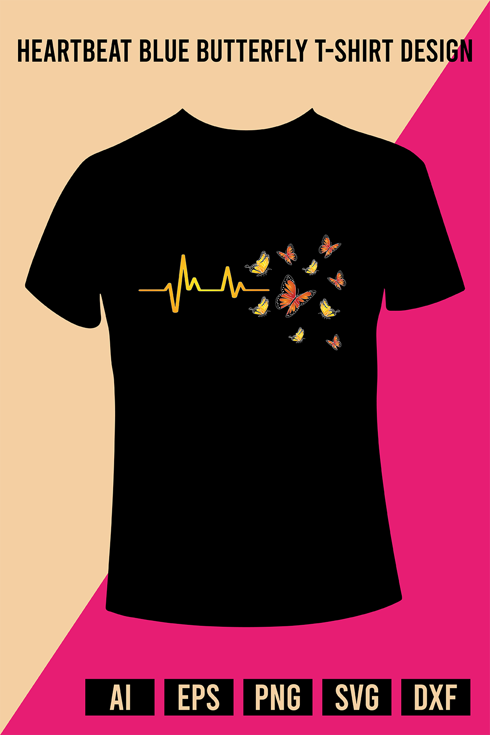 Heartbeat Blue Butterfly T-Shirt Design pinterest preview image.