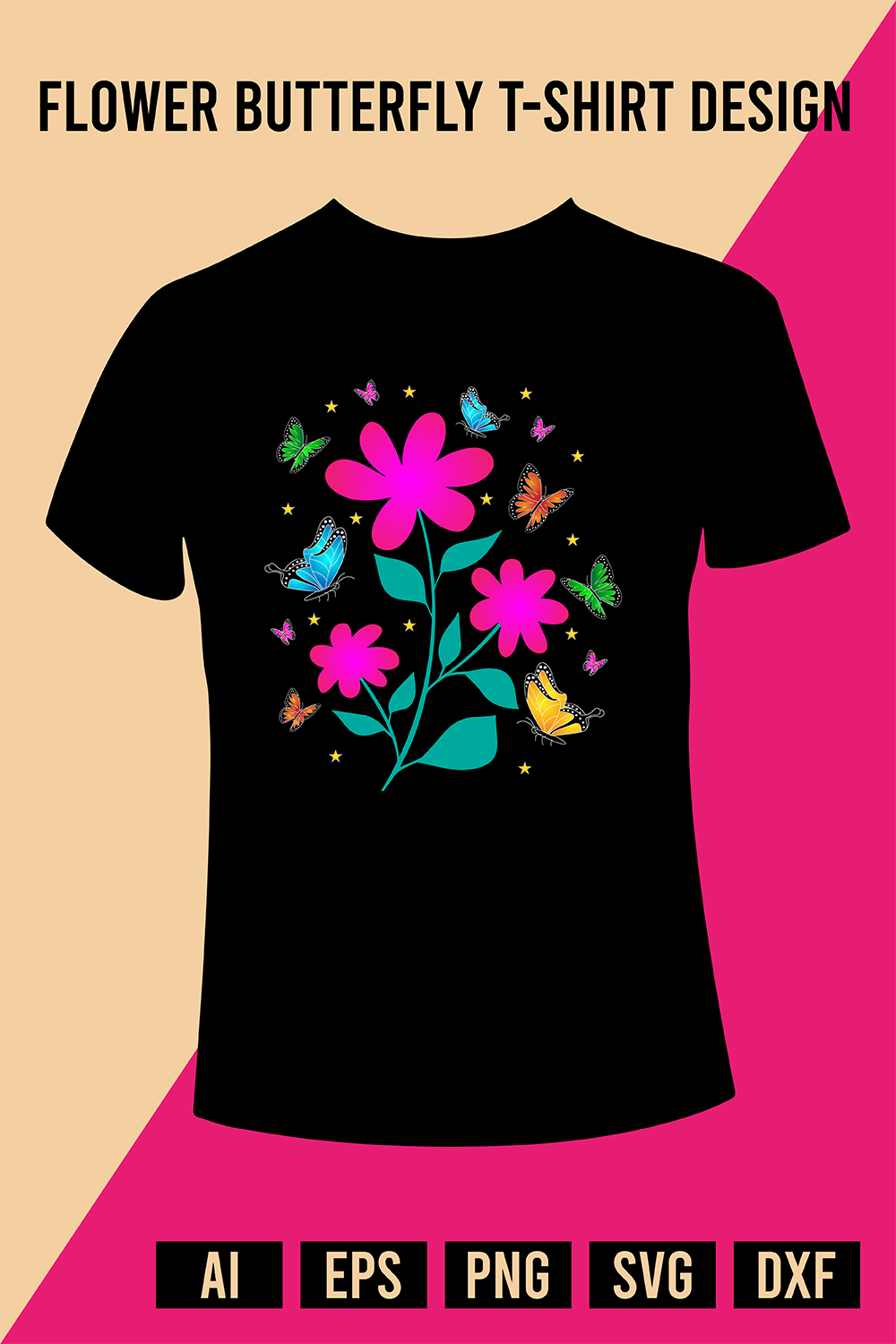 Flower Butterfly T-Shirt Design pinterest preview image.