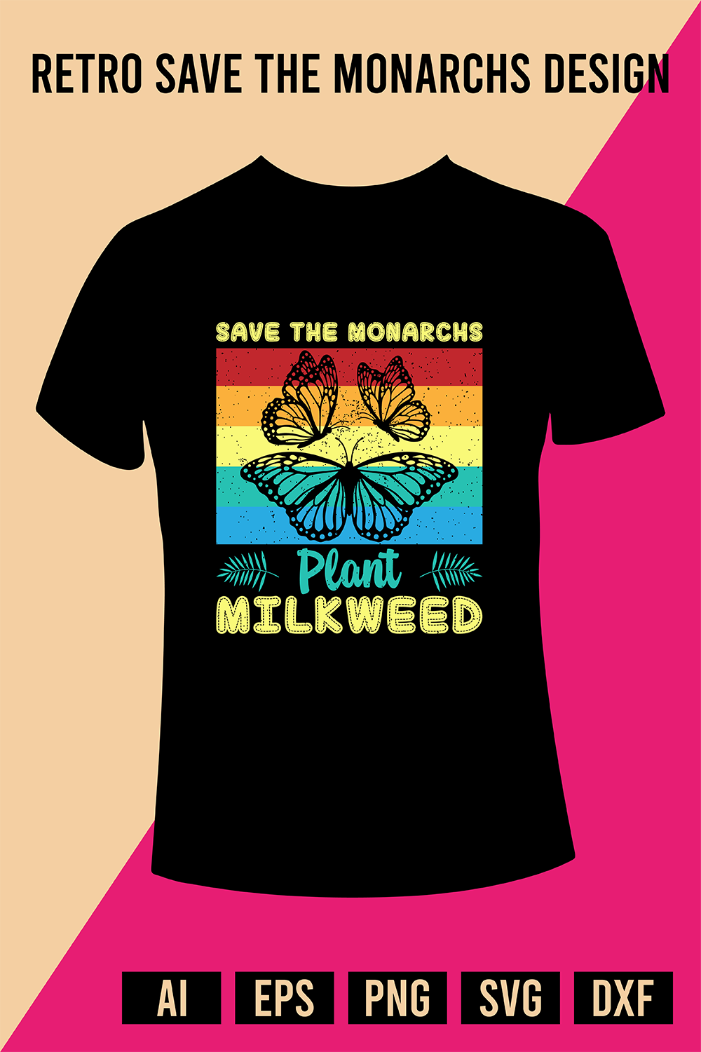 Retro Save The Monarchs T-Shirt Design pinterest preview image.