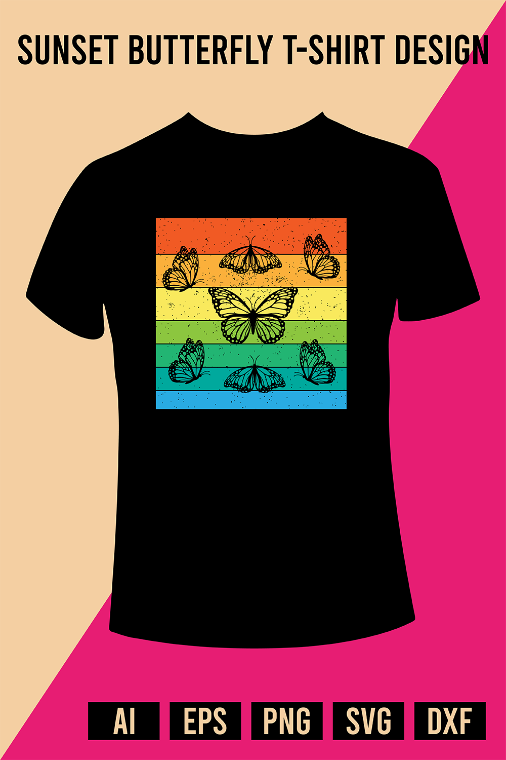 Sunset Butterfly T-Shirt Design pinterest preview image.