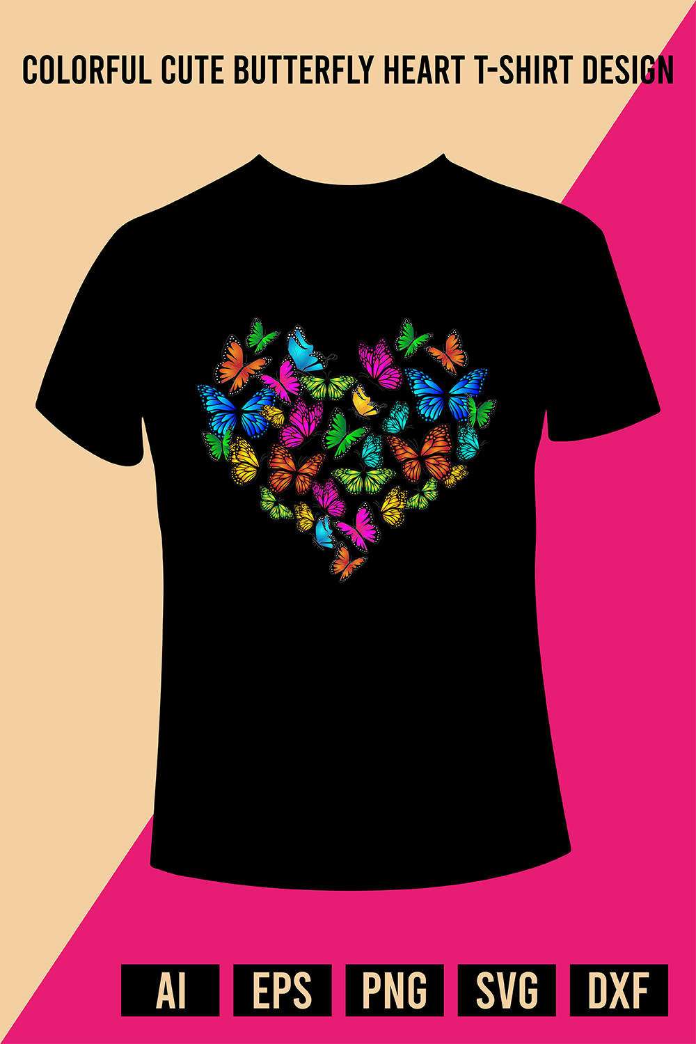 Colorful Cute Butterfly Heart T-Shirt Design pinterest preview image.