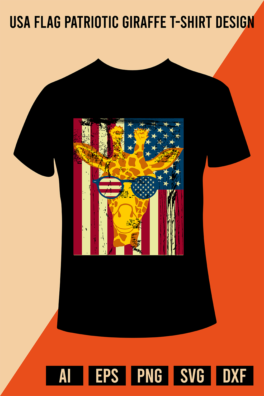 USA Flag Patriotic Giraffe T-Shirt Design pinterest preview image.