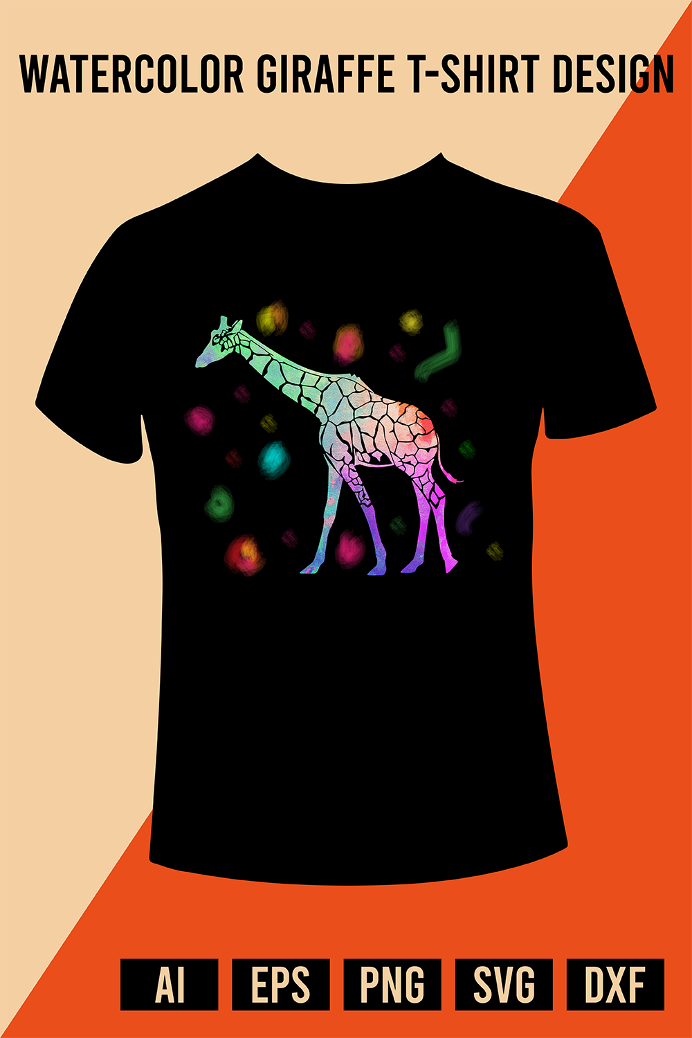 Watercolor Giraffe T-Shirt Design pinterest preview image.