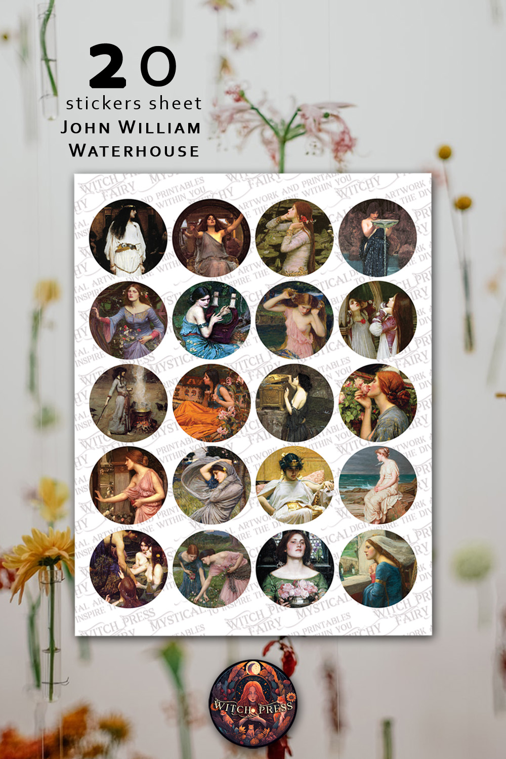 Digital sticker | Waterhouse paintings | Printable stickers | Digital file | John William Waterhouse pinterest preview image.