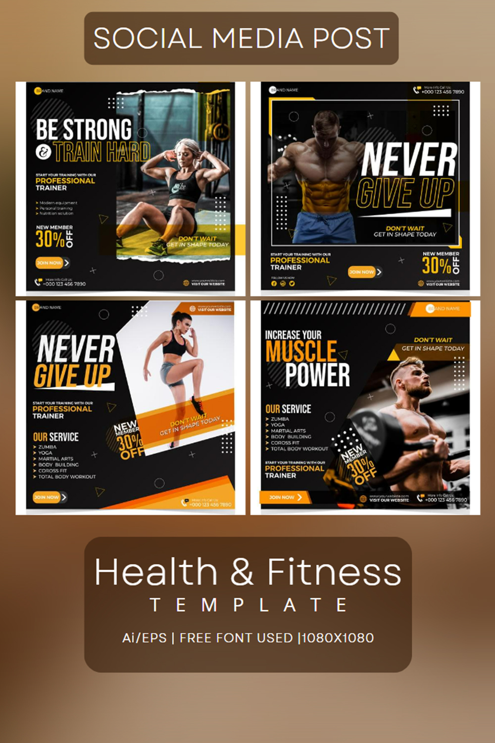 Health & Fitness social media template pinterest preview image.