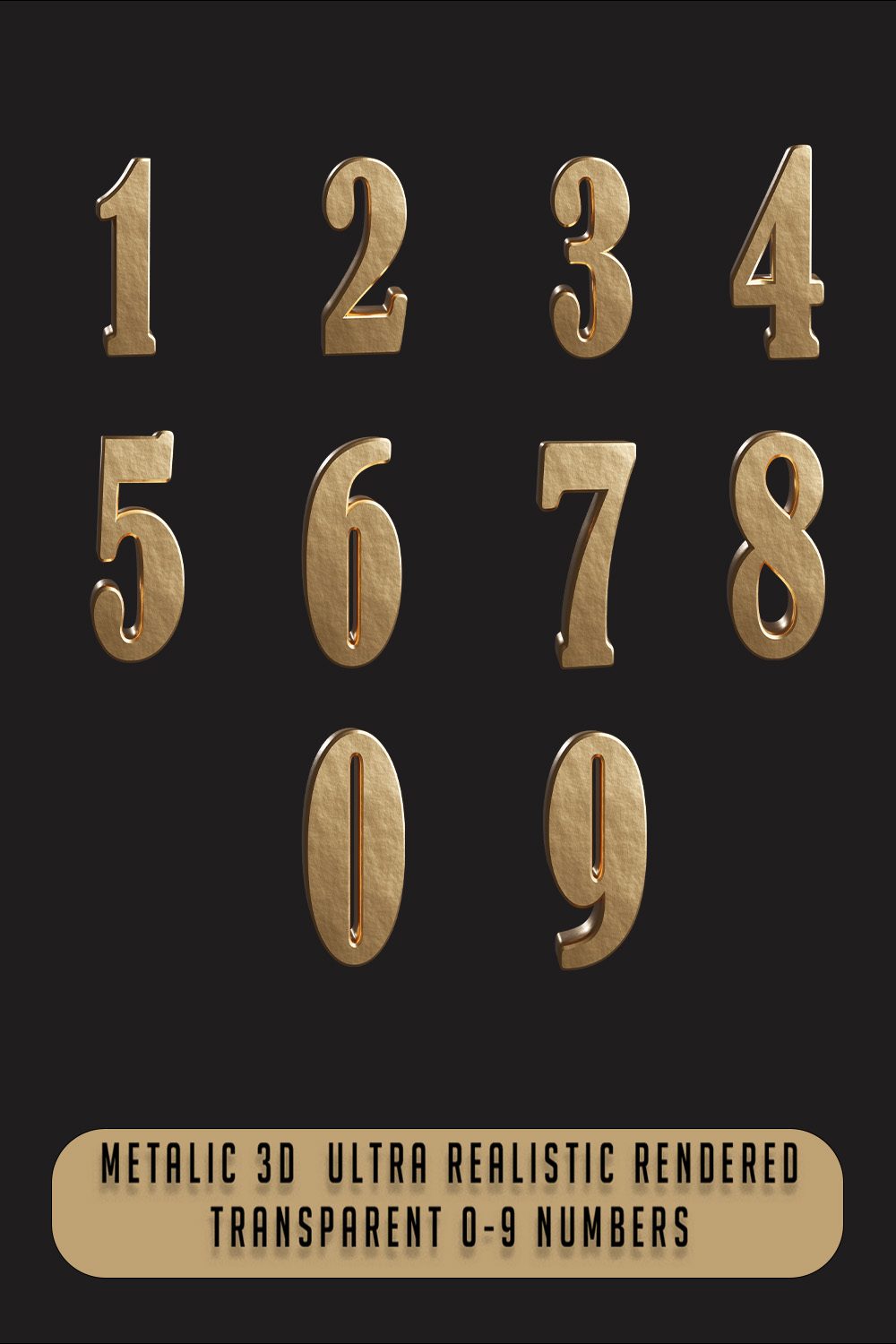 Ultra Realistic 3D Icons 0-9 Numbers In Gold With Transparent Background in PNG pinterest preview image.