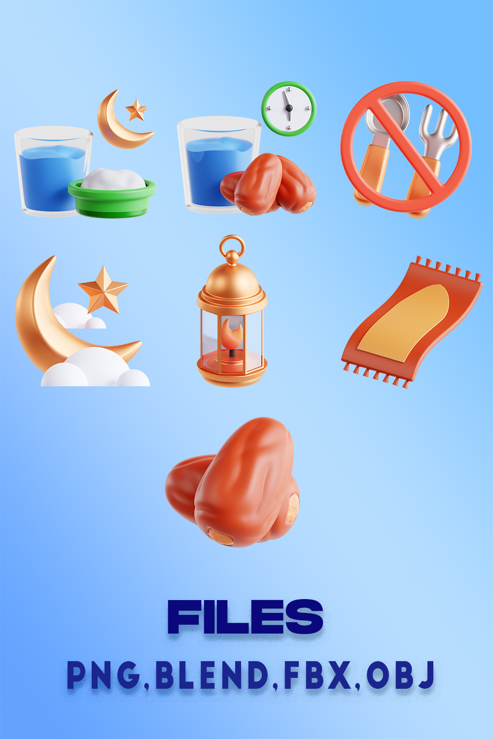 Lowpoly 3d icons Islamic with Transparent Background pinterest preview image.