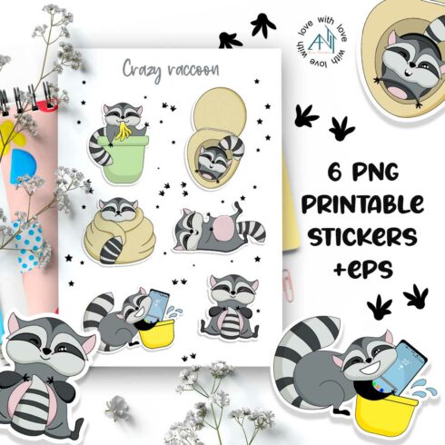 Funny Racoon sticker sheet | 6 png stickers design cover image.