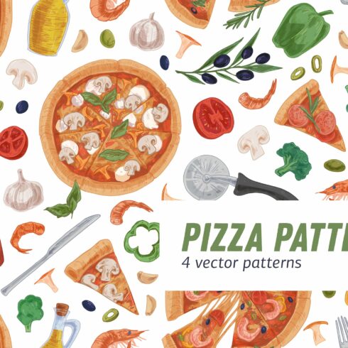 Pizza seamless patterns set cover image.