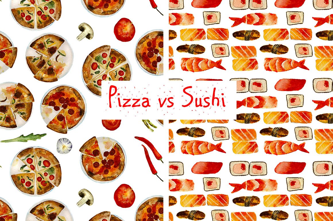 2 food patterns: pizza and sushi cover image.