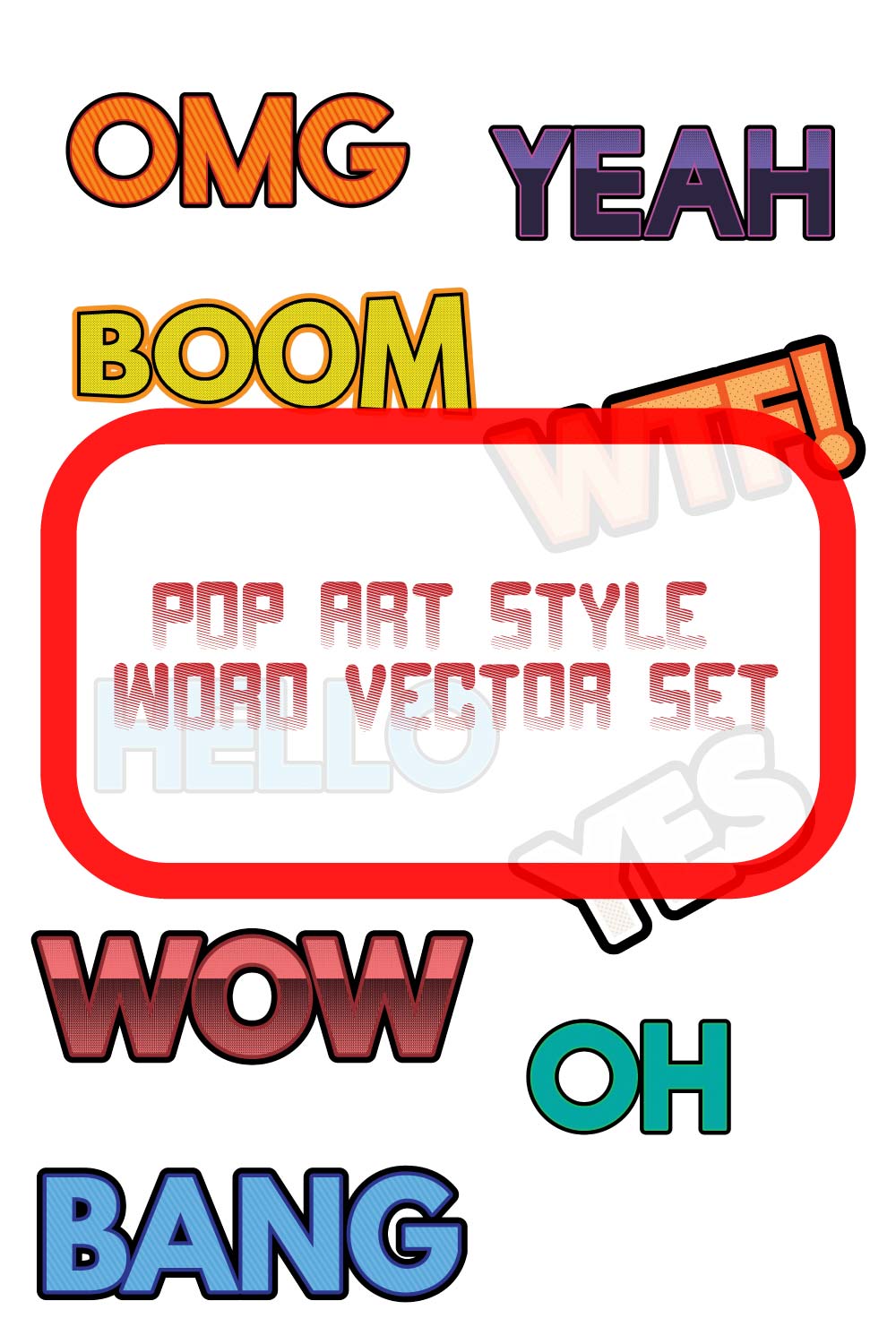 Pop art style word vector set pinterest preview image.