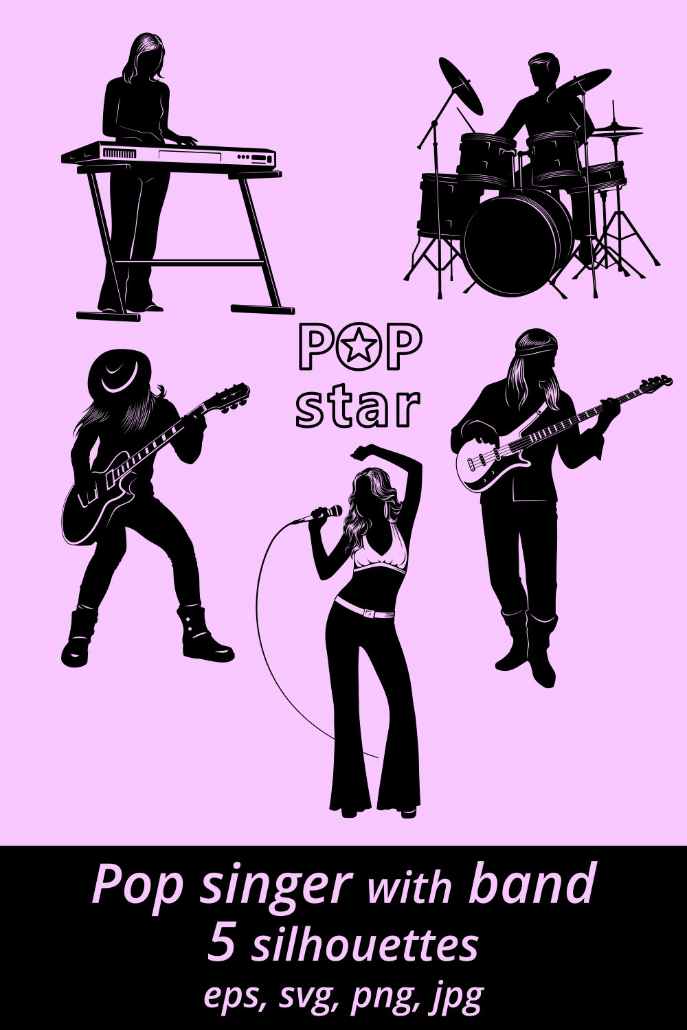 Pop Singer with Musicians Silhouettes pinterest preview image.