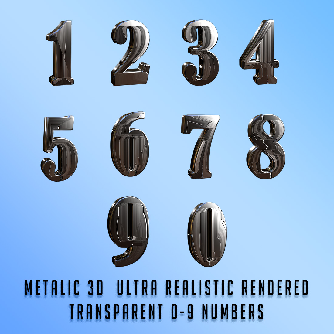 Ultra Realistic Metallic 3D Rendered Futuristic 0-9 Numbers In PNG with Transparent Background preview image.