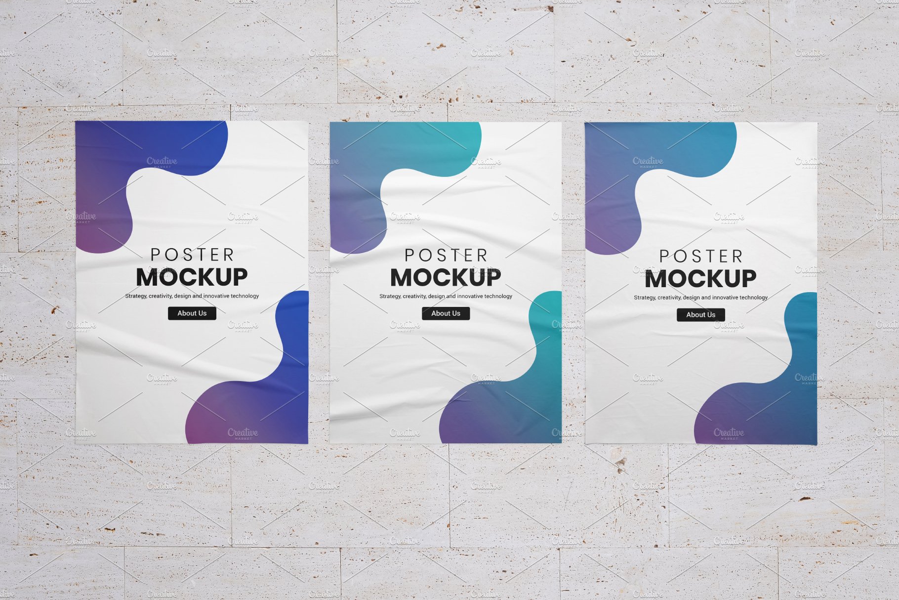 Mockup three crumpled posters cover image.