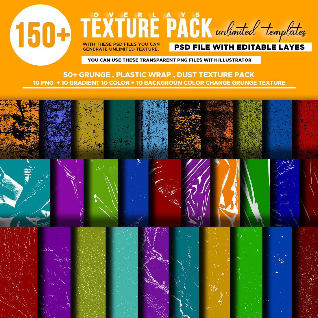 150+ Grunge, Plastic Wrap, Dust Textures Pack preview image.