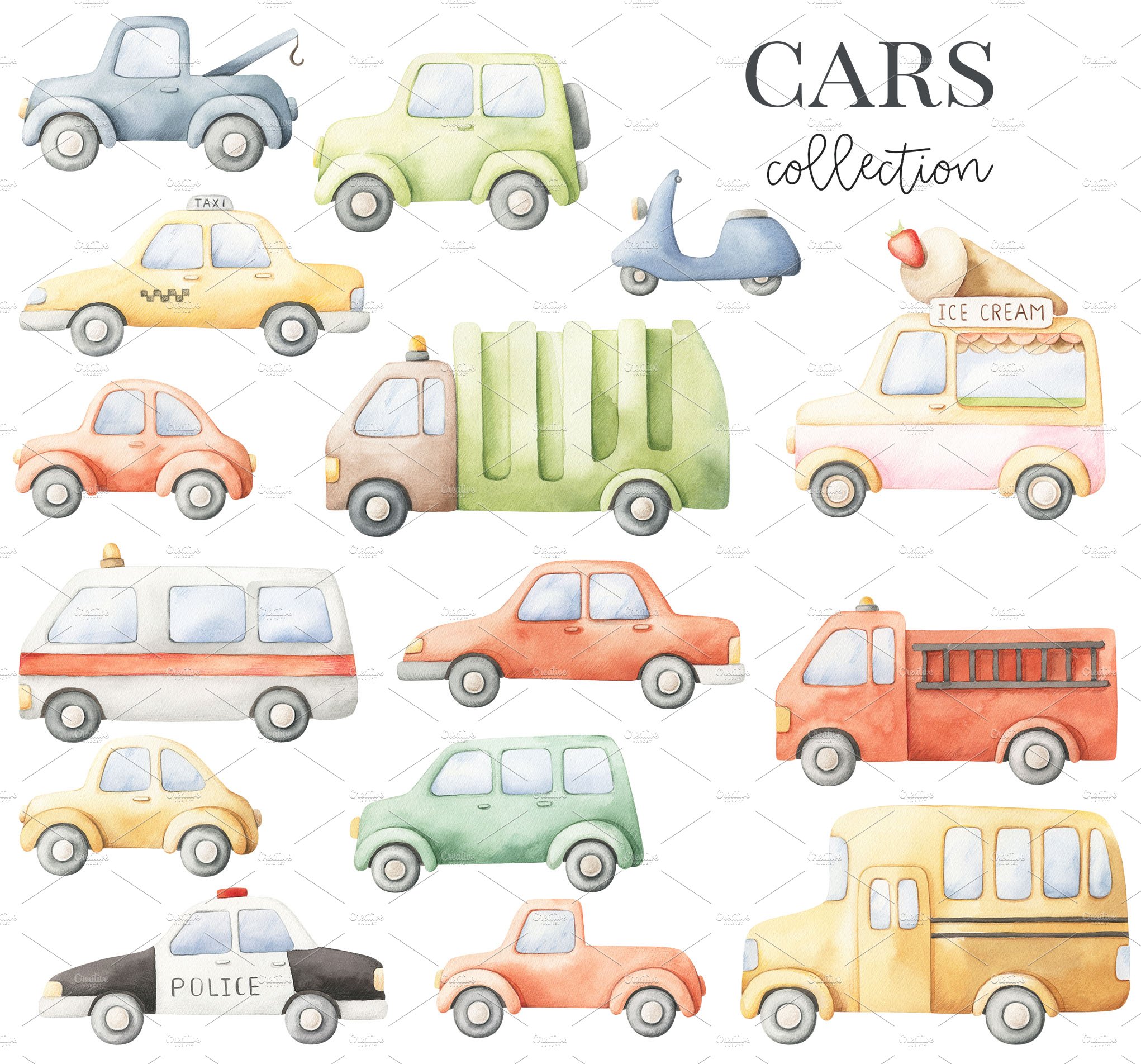 Cars in Town - Watercolor Set preview image.