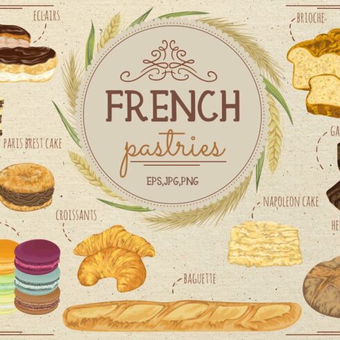 French pastries vector set cover image.