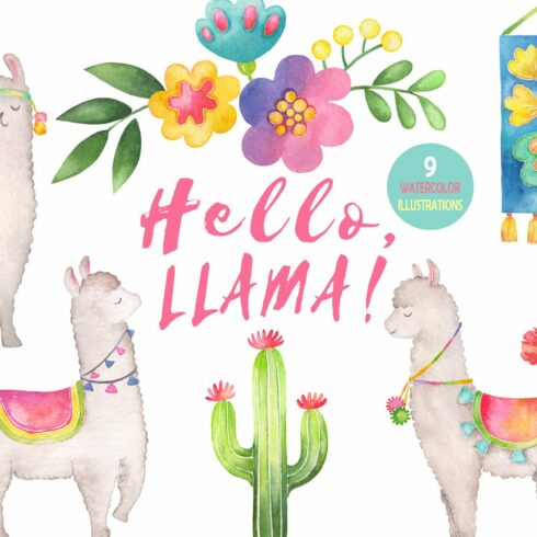 Hello, Llama watercolor clipart set cover image.