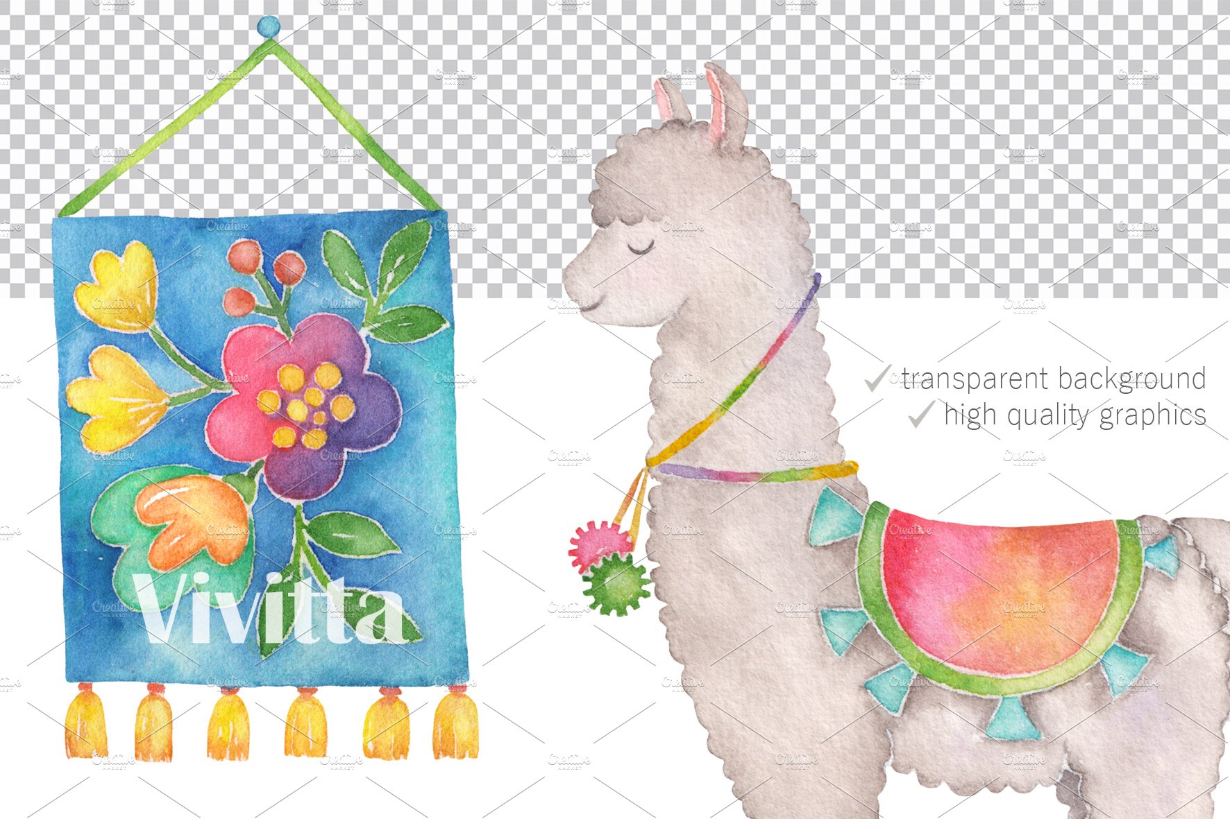 Hello, Llama watercolor clipart set preview image.