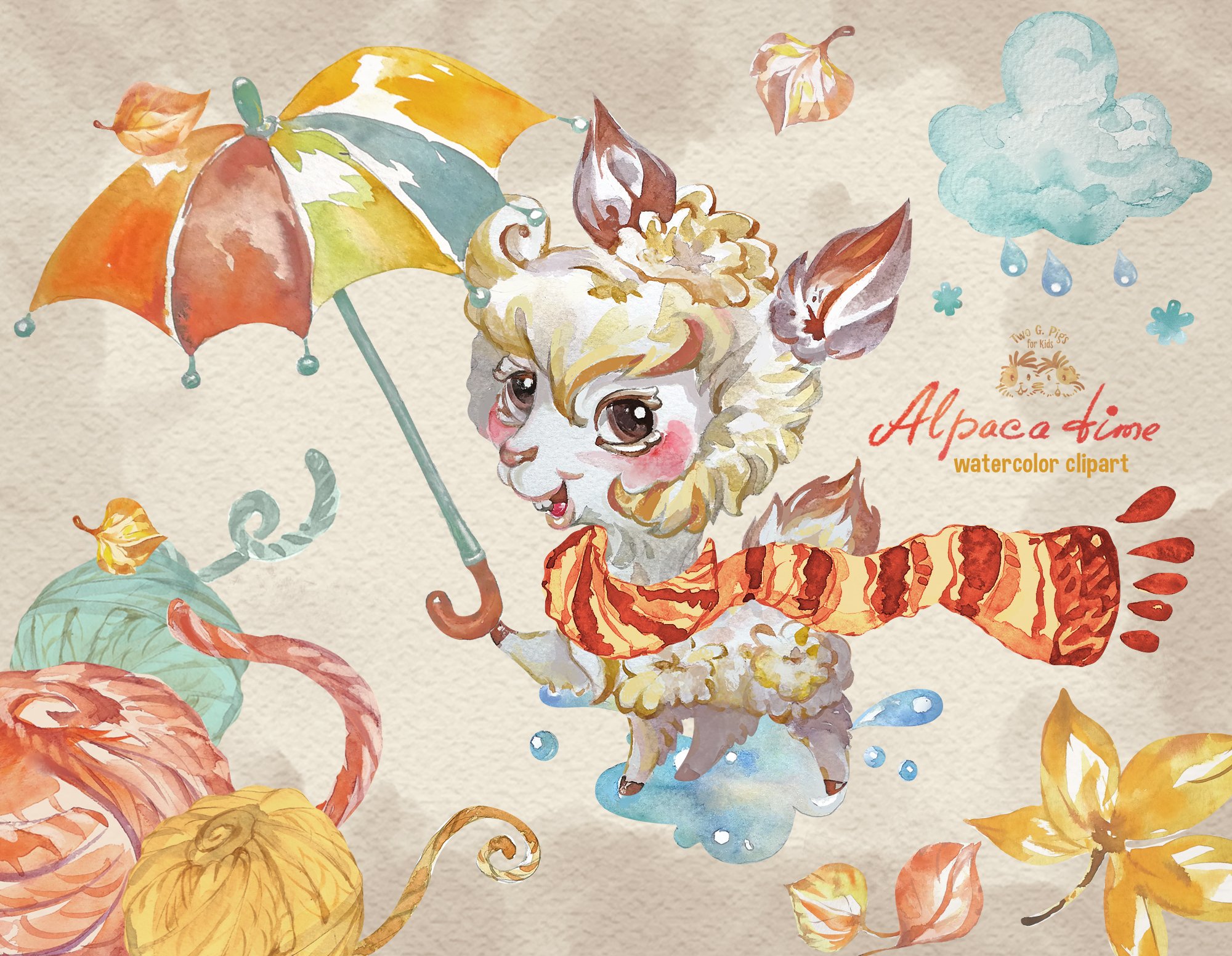 Alpaca Time. Warm watercolor clipart preview image.