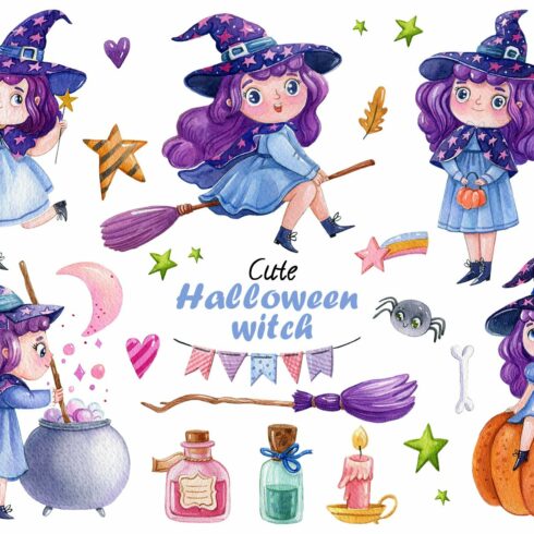Watercolor cute witches clipart cover image.