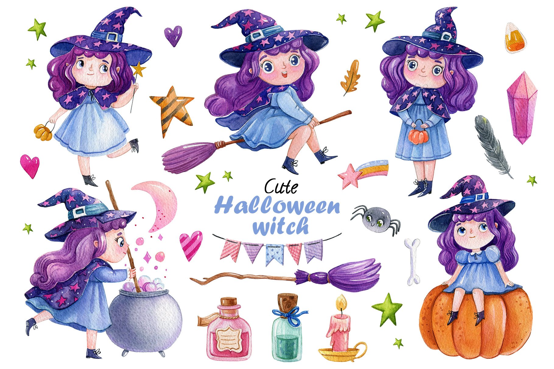 Watercolor cute witches clipart cover image.
