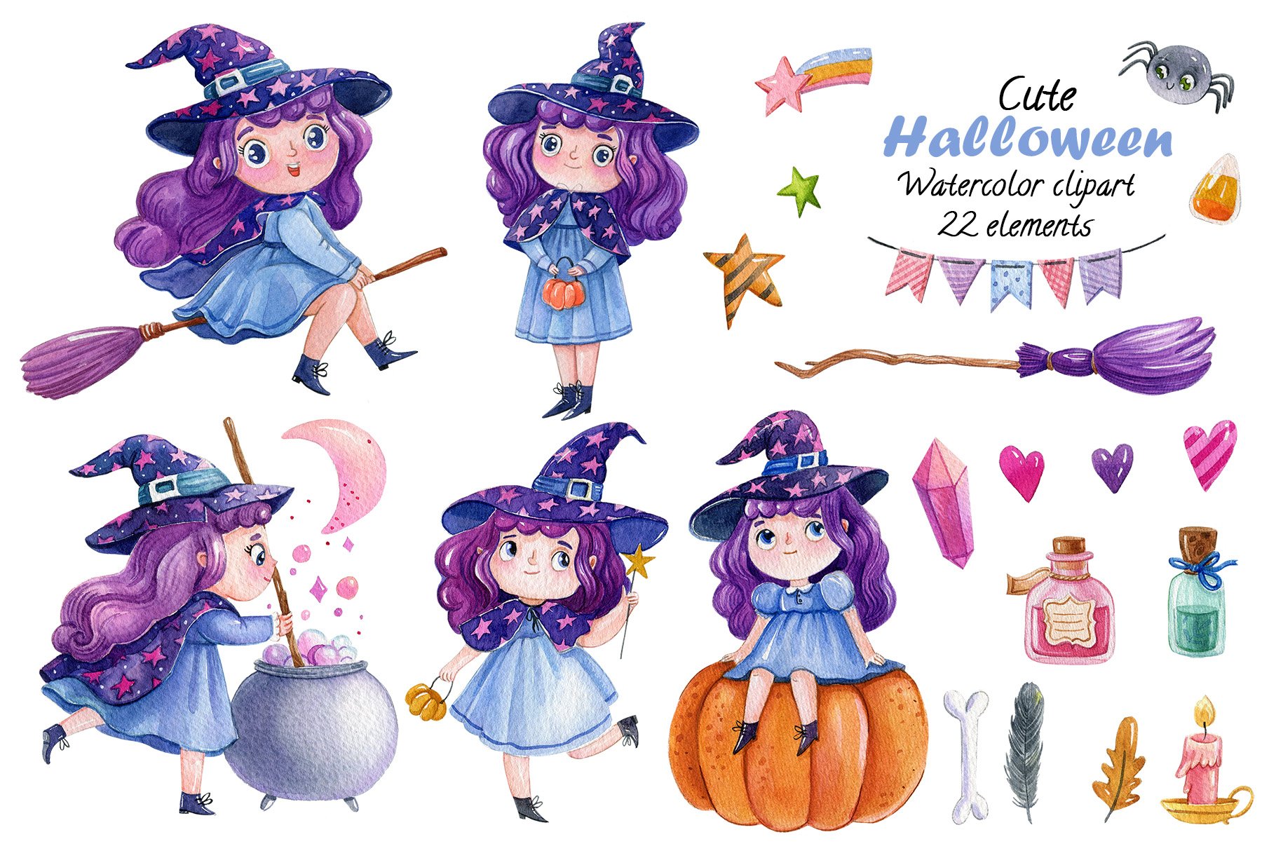 Watercolor cute witches clipart preview image.