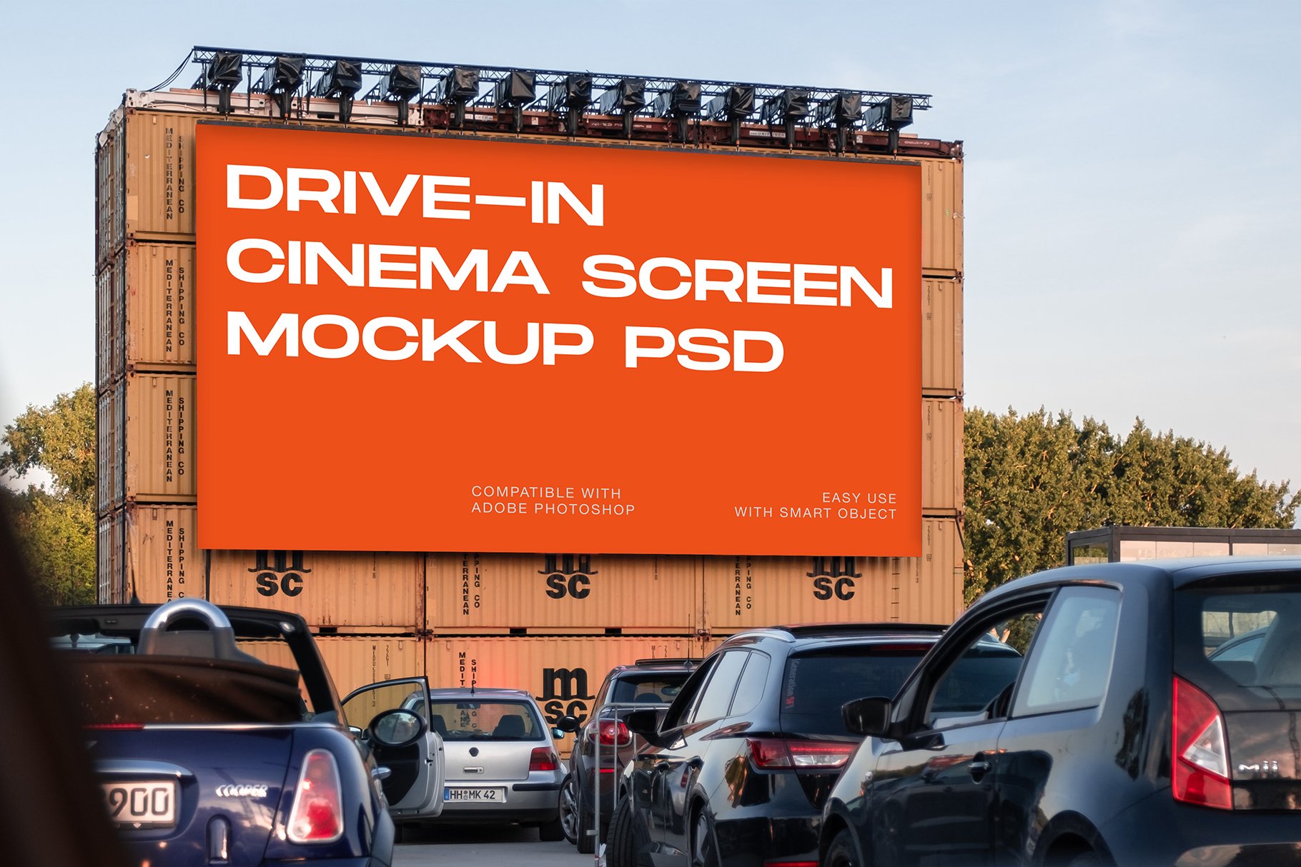 Drive-In Cinema Screen Mockup PSD cover image.