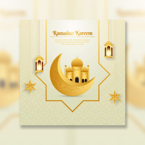 Elegant Ramadan kareem decorative festival greeting card with 3d moon and Islamic background cover image.