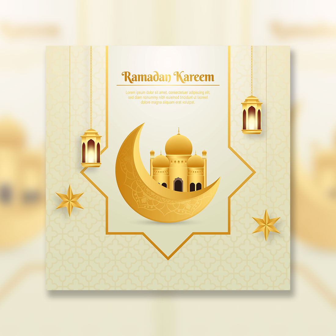 Elegant Ramadan kareem decorative festival greeting card with 3d moon and Islamic background cover image.