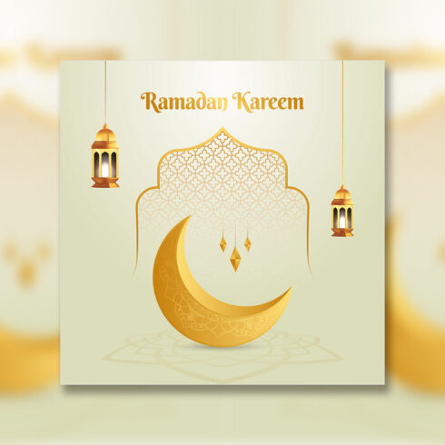 Elegant Ramadan kareem decorative festival greeting card with 3d moon and Islamic background vector design cover image.