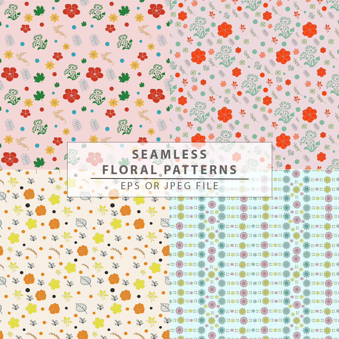 Set of modern seamless floral patterns for printing in green, black, mustard colors Background flowers, patterns, wallpaper, design paper Vector illustration cover image.
