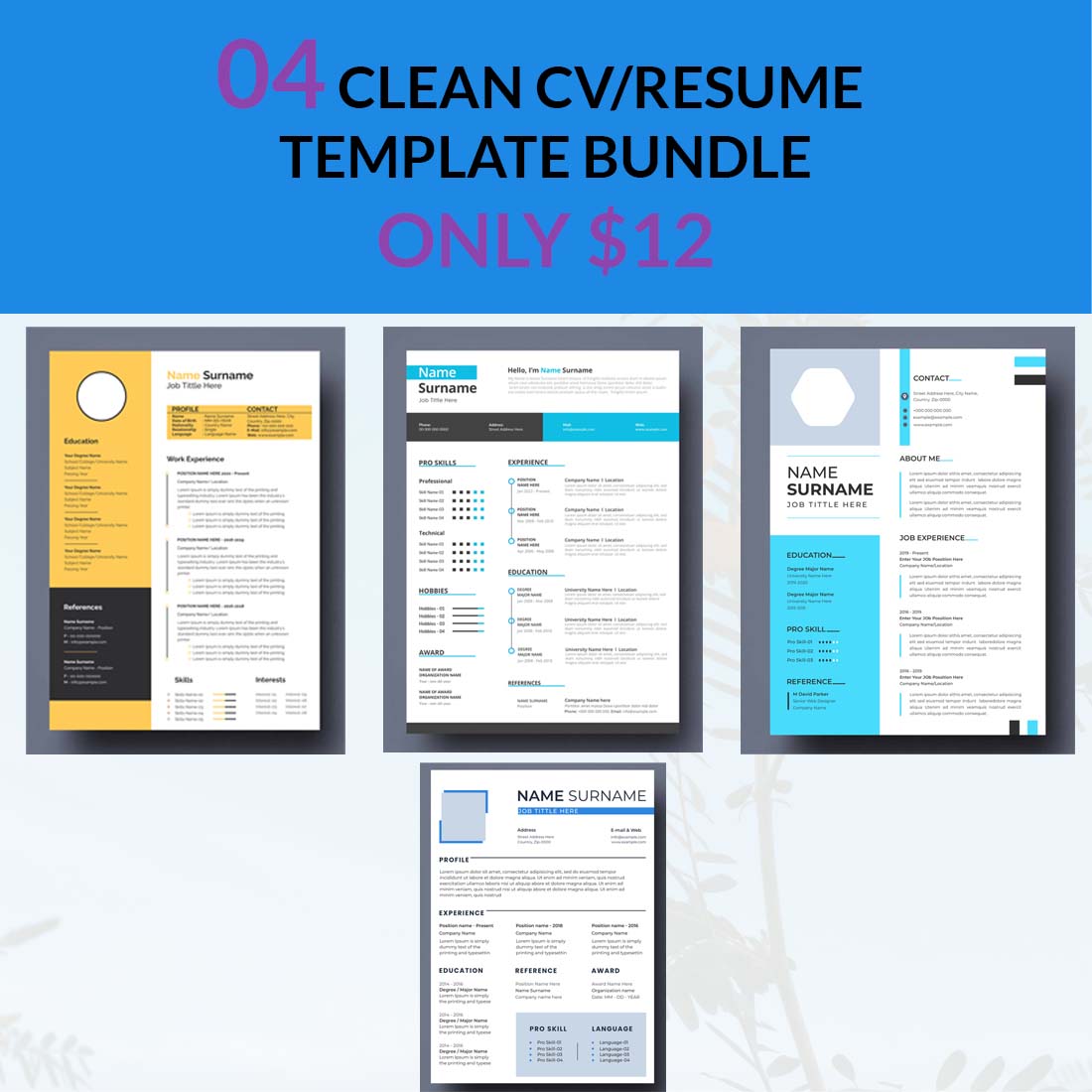 04 CLEAN CV/RESUME TEMPLATE BUNDLE ONLY $12 cover image.