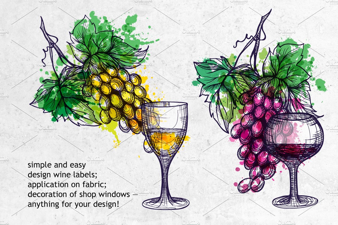 Wine sketch and watercolor set preview image.