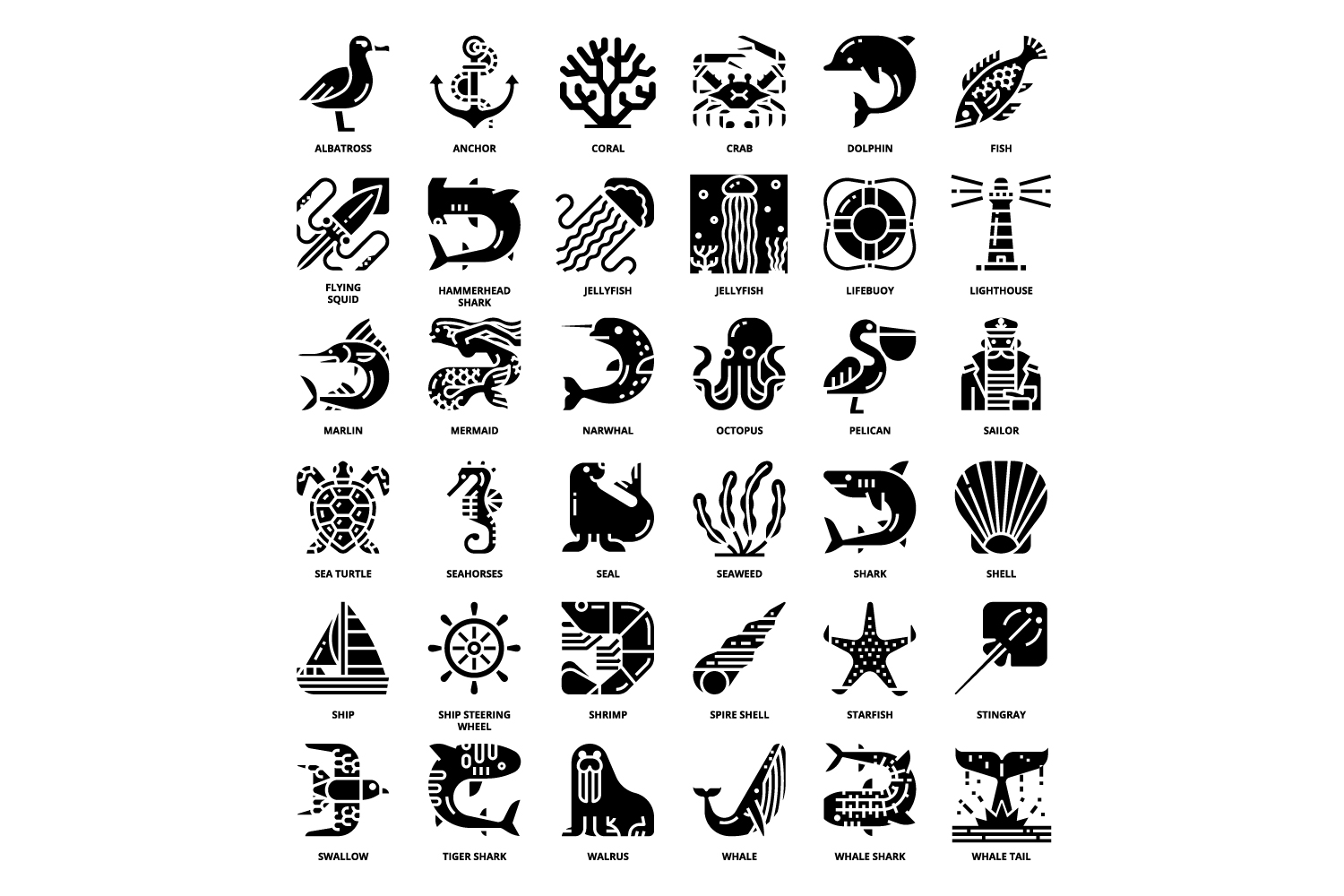 Black and white image of different types of symbols.