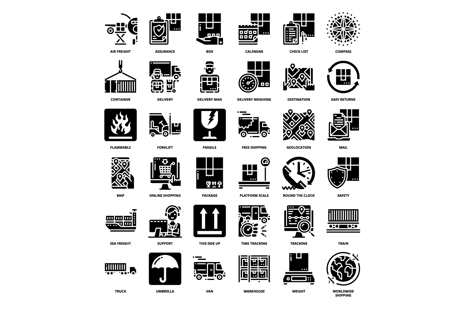 Series of black and white icons.