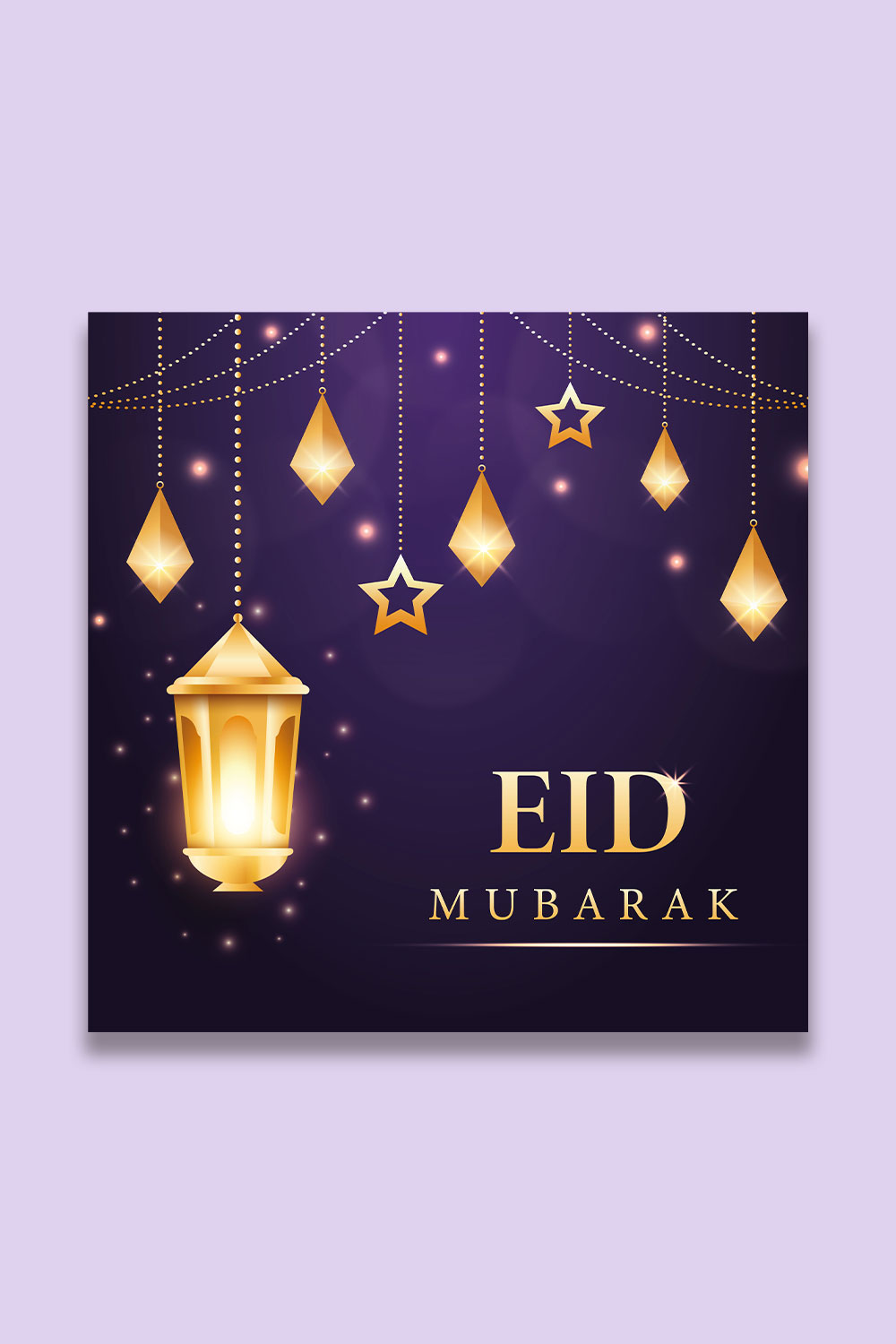 Eid Mubarak greeting card design with Islamic background pinterest preview image.