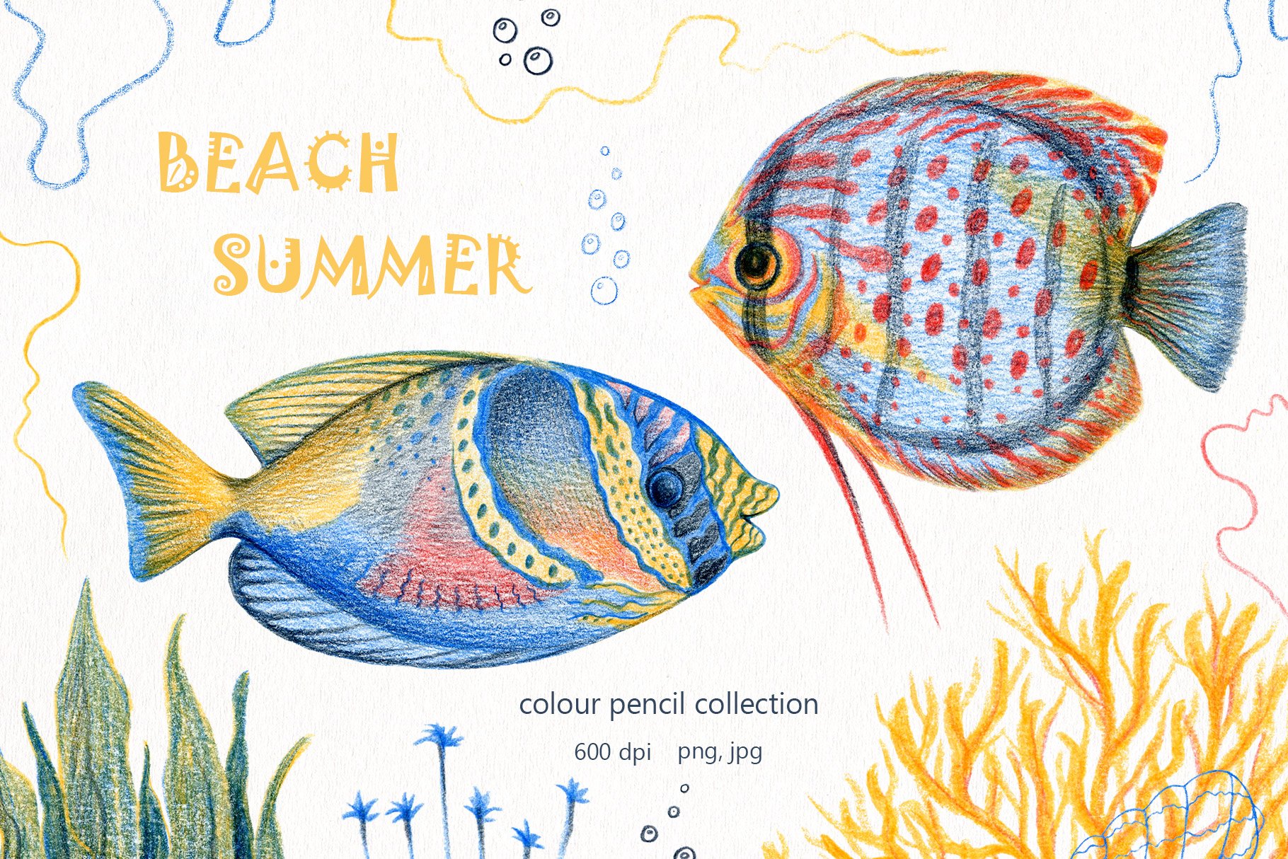 Beach Summer - color pencil clipart cover image.