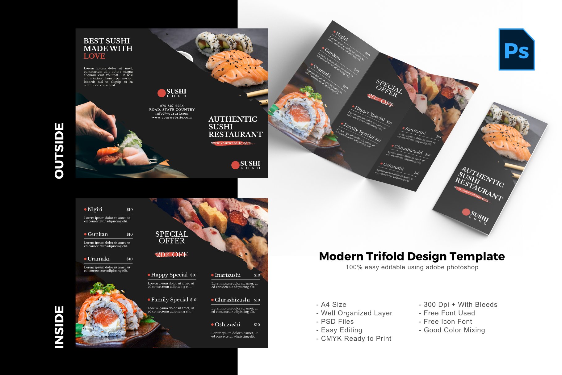 Sushi trifold brochure template cover image.