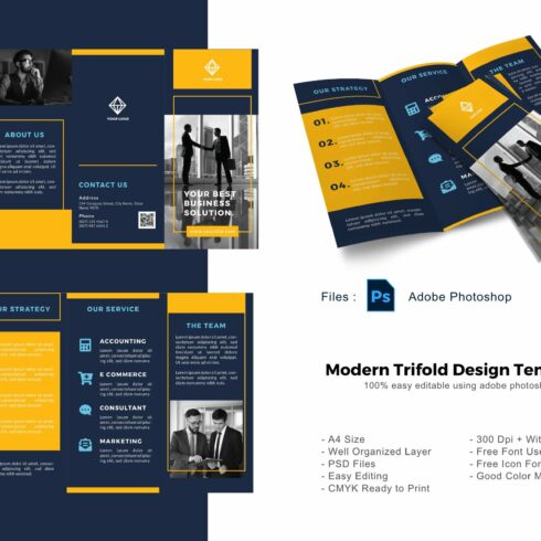 Blue business corp trifold brochure cover image.