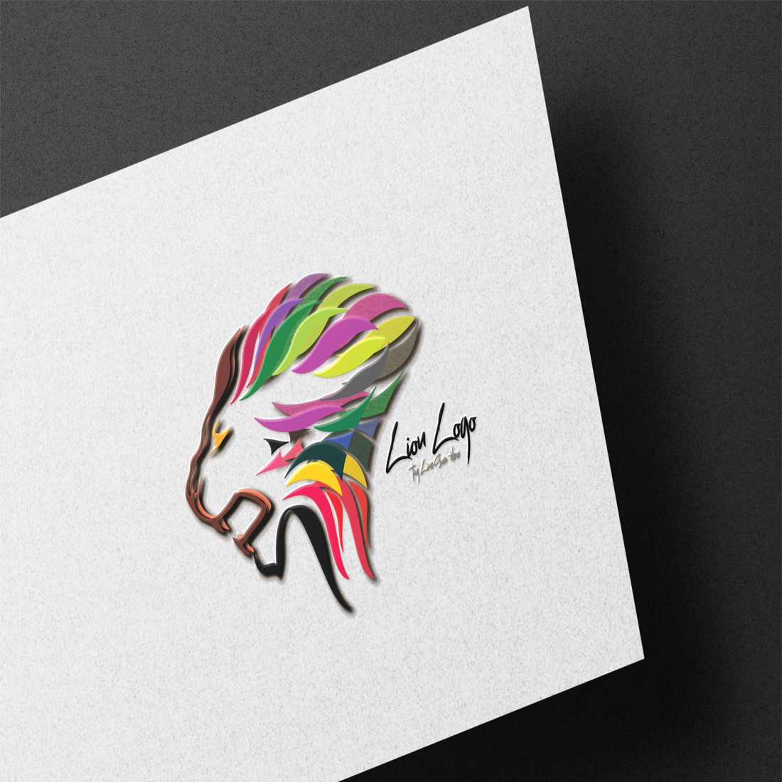 Colorful lion logo on a white paper.