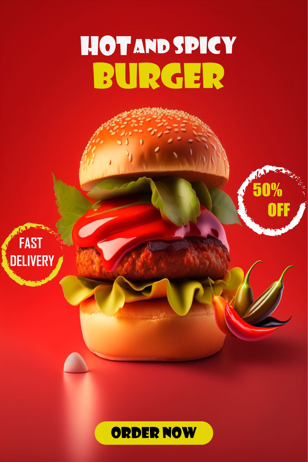 hot and spicy burger social media post template pinterest preview image.