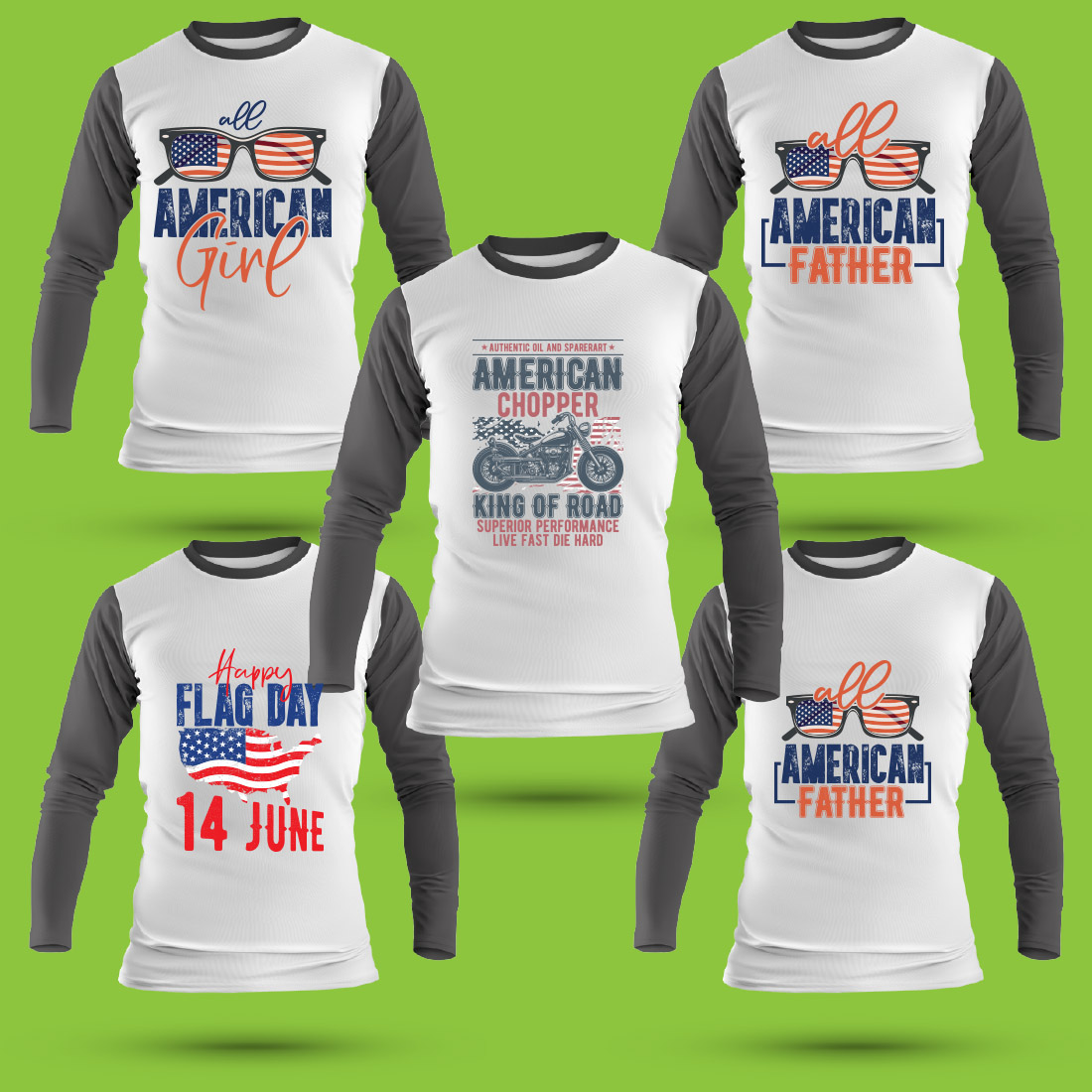 Group of three shirts with the american flag on them.