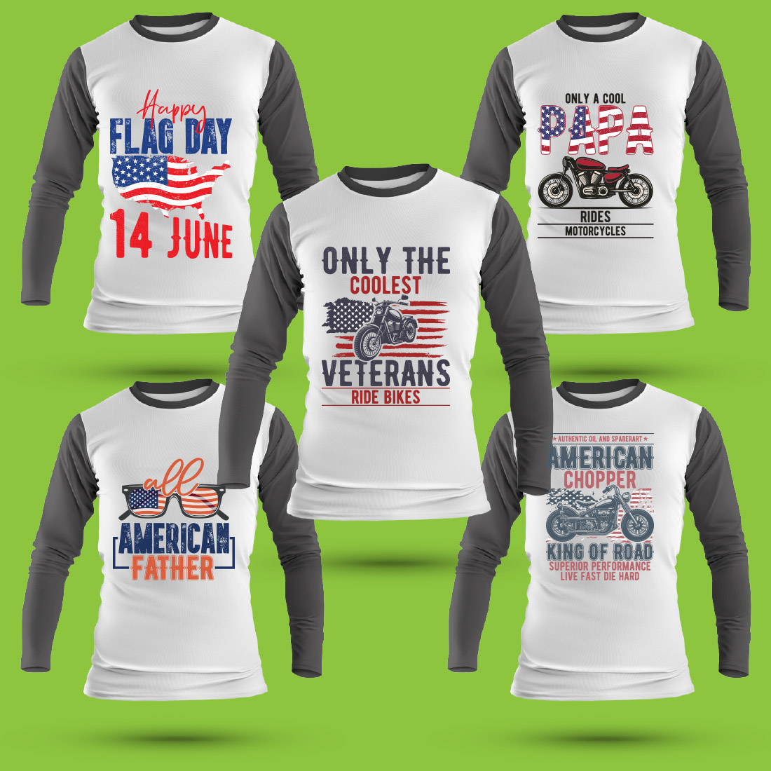 Group of three shirts with american flags on them.