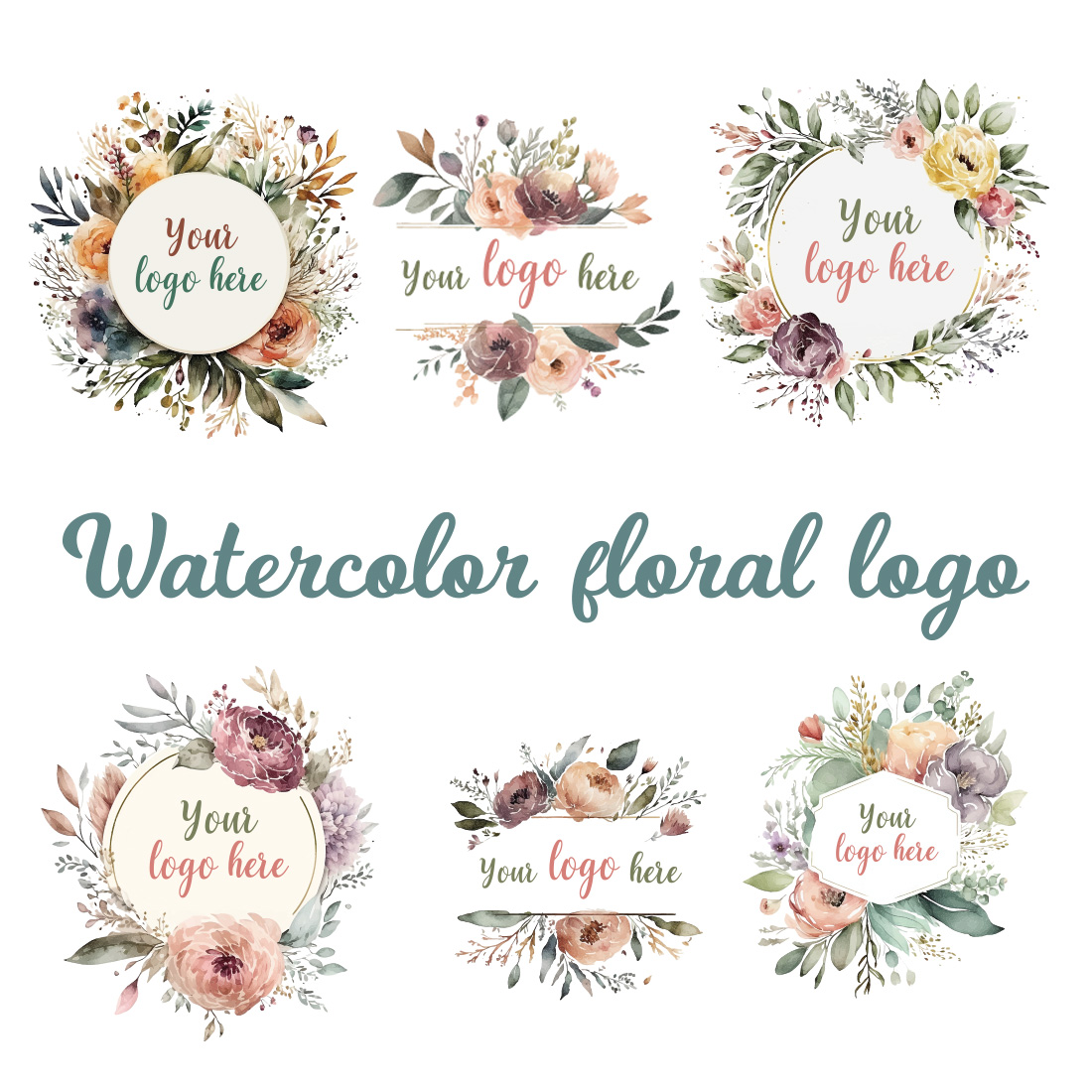 Watercolor Floral Logo Bundles, Pastel floral logo, Watercolor Round Floral Logo, Flower Logo, modern logo, Bundles Logo Design preview image.